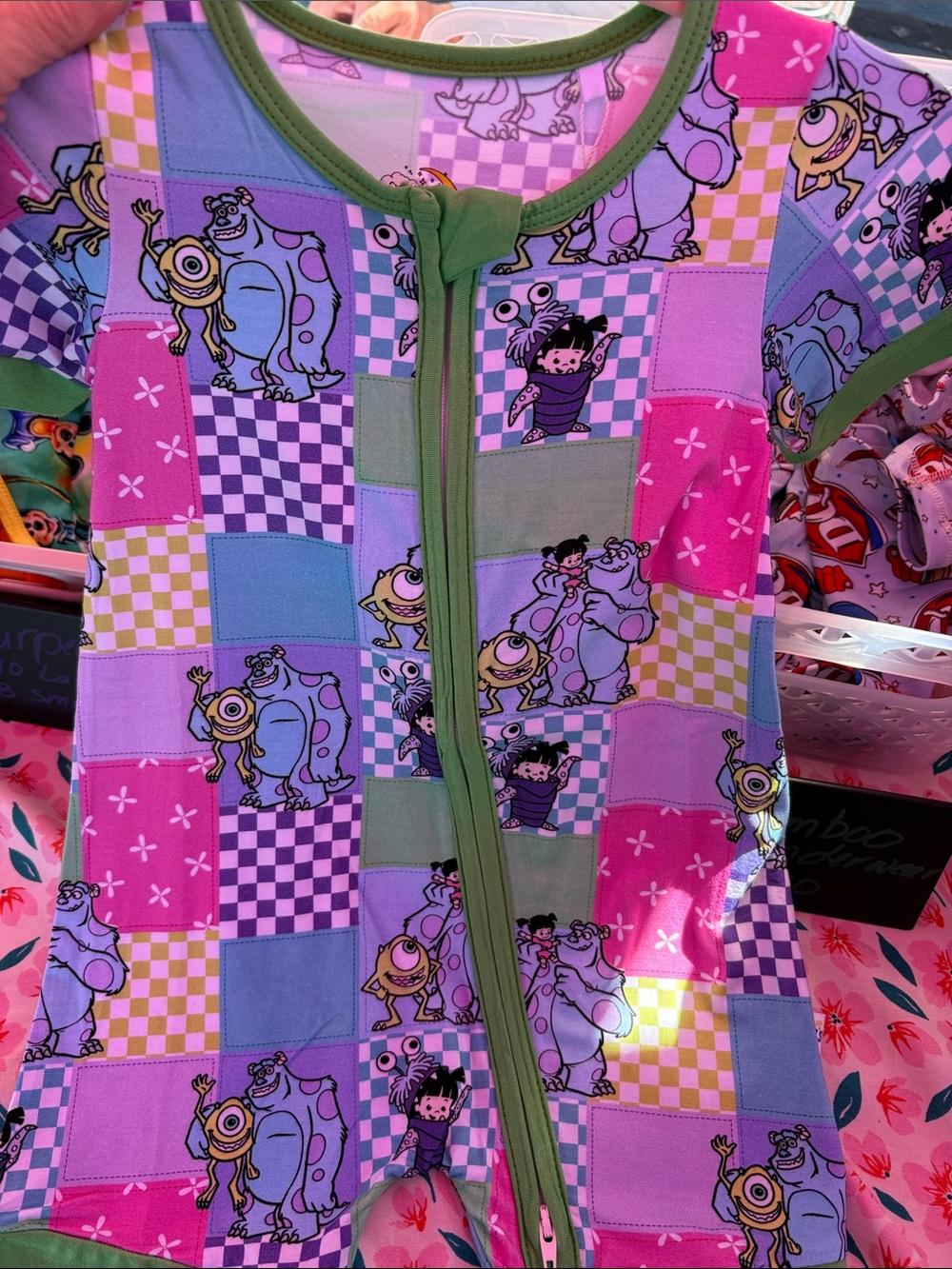 BAMBOO Pink, Purple & Green Monsters Inc Patchwork Zip Romper